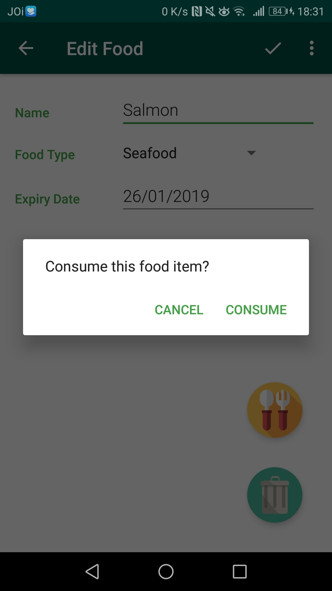 Consume food screen features a 
                            dialog to ensure user confirmation.