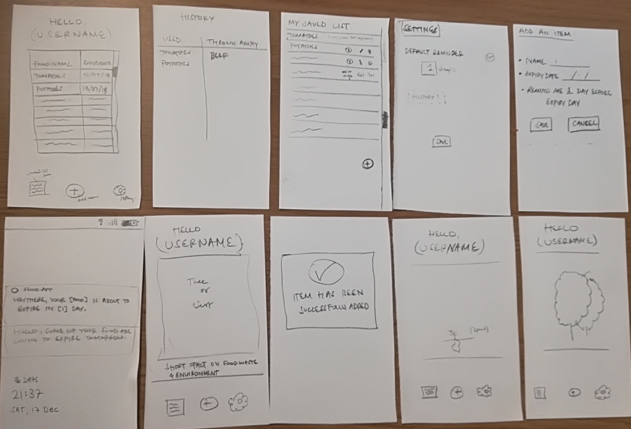 Low fidelity early concept sketches in mobile sized papers with various interfaces.